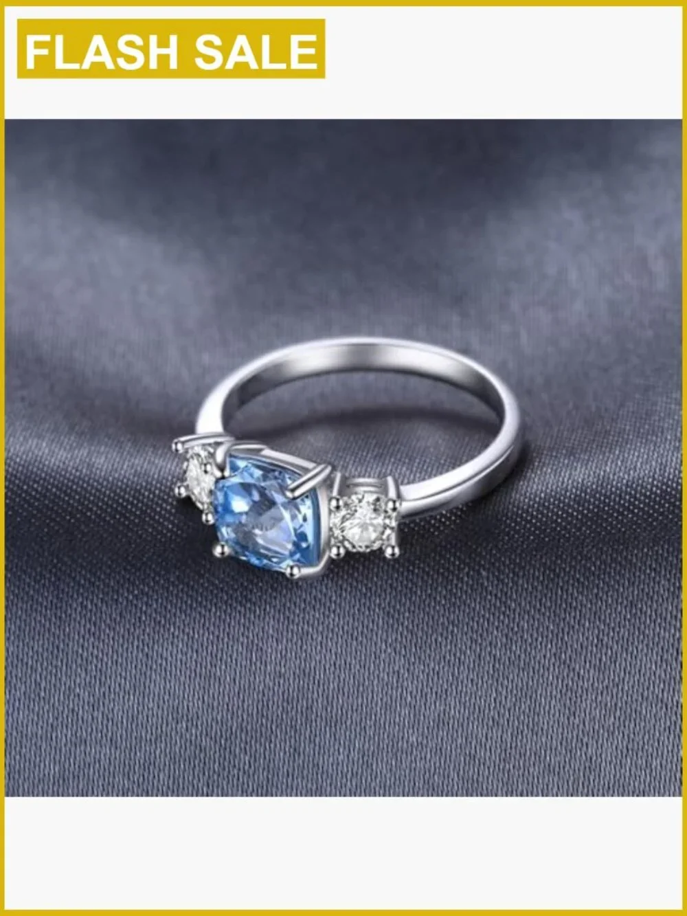 Cushion Cut 2.6ct Genuine Blue Topaz 3-Stone Ring, 14K Gold Plated Sterling